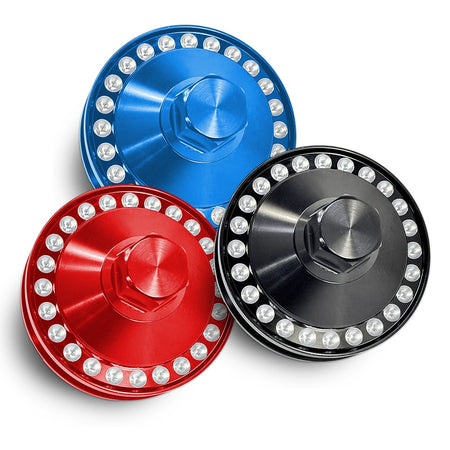 CMI 3.25 inch dimpled billet alt/gen power pulleys in black, red and blue anodized