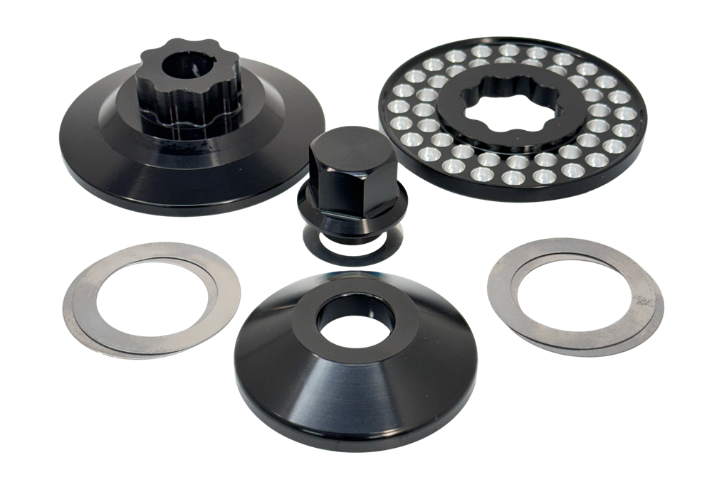 CMI dimpled 3.25 inch alt/gen power pulley kit contents: pulley halves, 7075 nut, spacer and steel shims