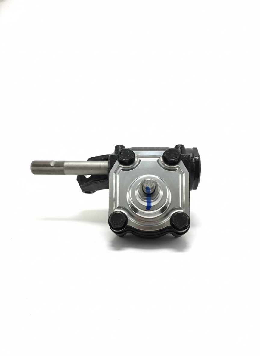 Rebuilt German VW Beetle steering box with polished billet top cover, angled 3/4 view with mount