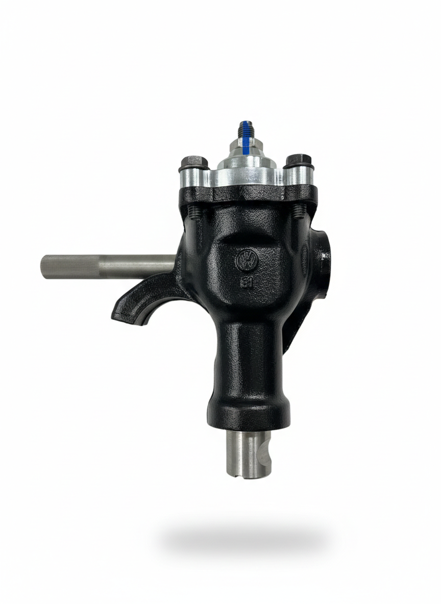 Precision rebuilt German VW steering box with polished CNC billet aluminum top cover, side profile