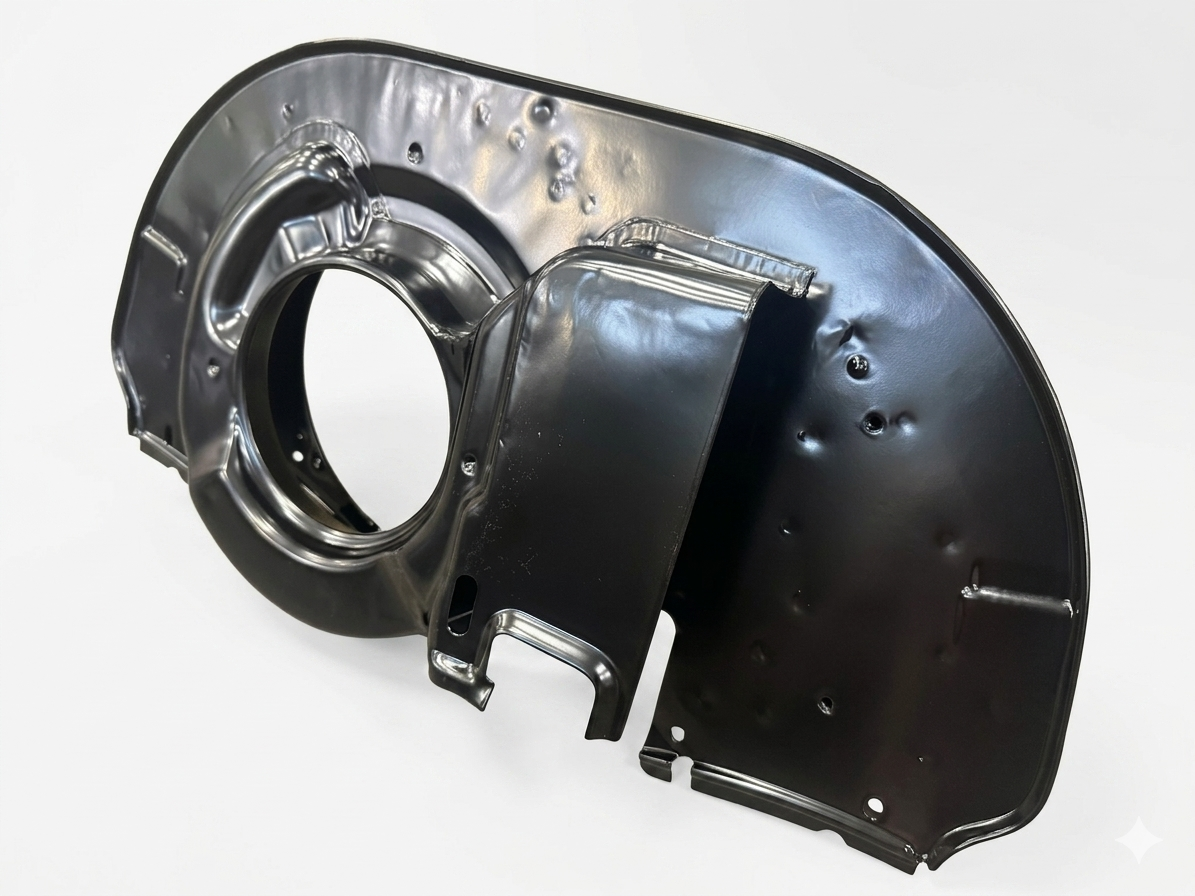 Refurbished Genuine German Doghouse Fan Shroud, mounting tabs detail, VW Type 1