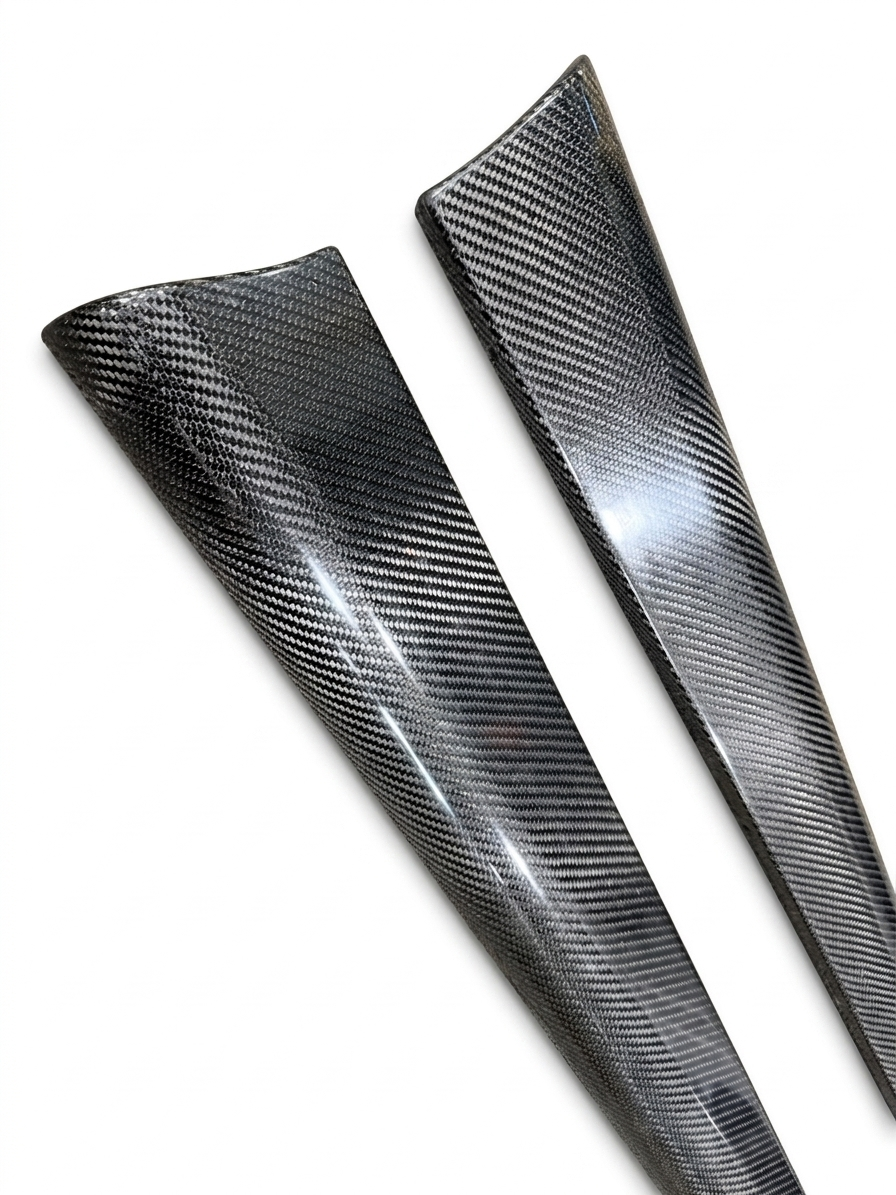 Full Carbon Fiber Running Boards installed on VW Beetle, high-gloss weave detail