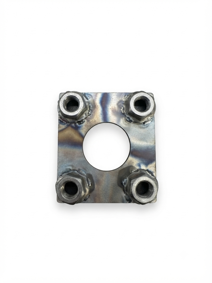 Washburn's Metal #BY06 Porsche 356 door hinge backing plate, reverse side showing welds and threaded holes