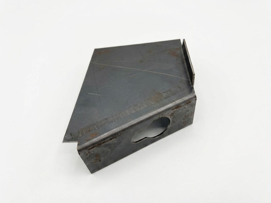 Split window VW Bus frame patch panel near heater tube crossmember, angled view