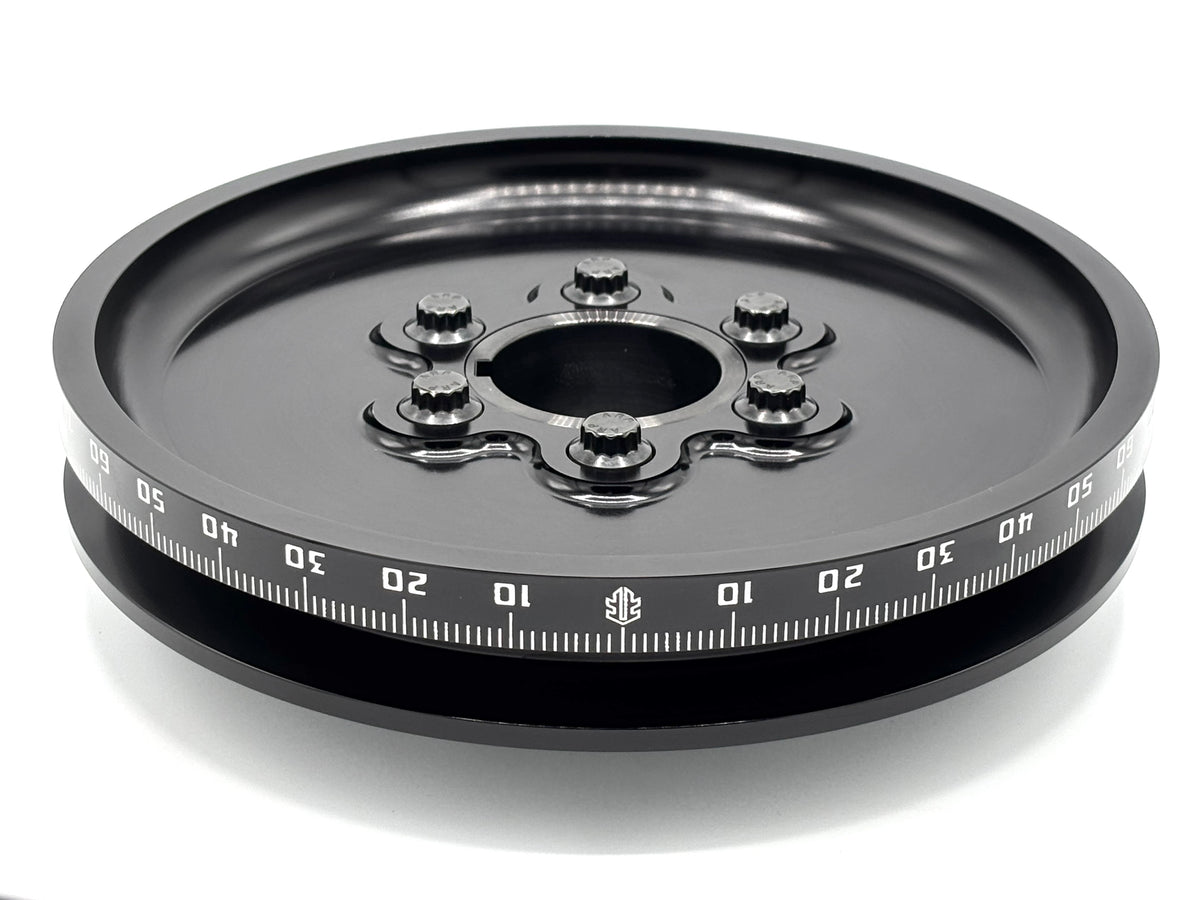 F2 Performance Supply 7-inch billet crank pulley, 6061 anodized with laser-etched timing marks, air-cooled VW Type 1