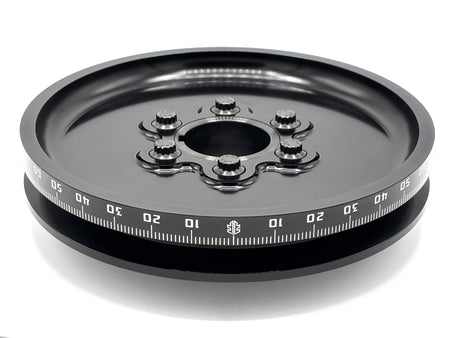F2 Performance Supply 7-inch billet crank pulley, 6061 anodized with laser-etched timing marks, air-cooled VW Type 1