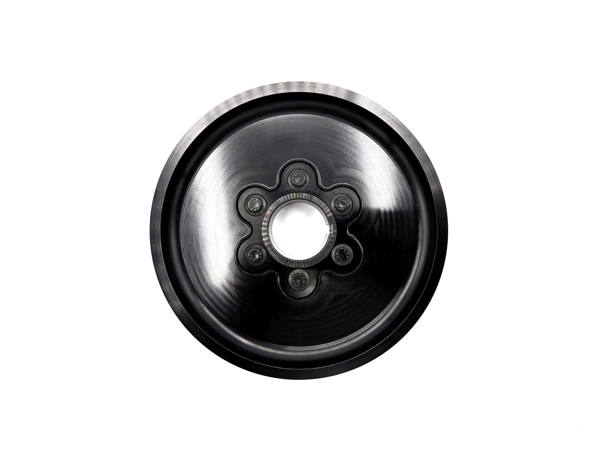 Air-cooled VW Type 1 7-inch billet crank pulley with sand seal, F2 Performance Supply, anodized 6061