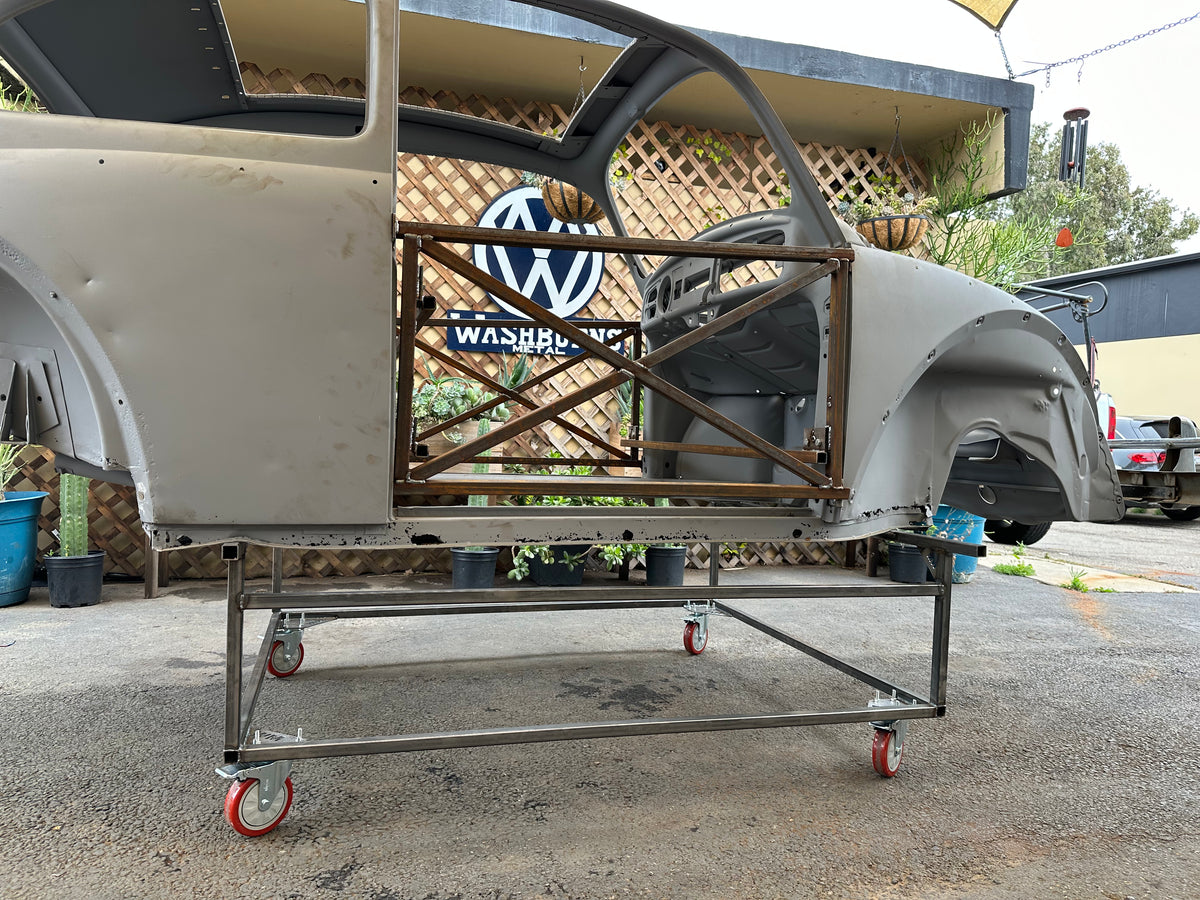 VW Beetle body cart frame detail — .090 wall steel tubing with CNC-cut gussets