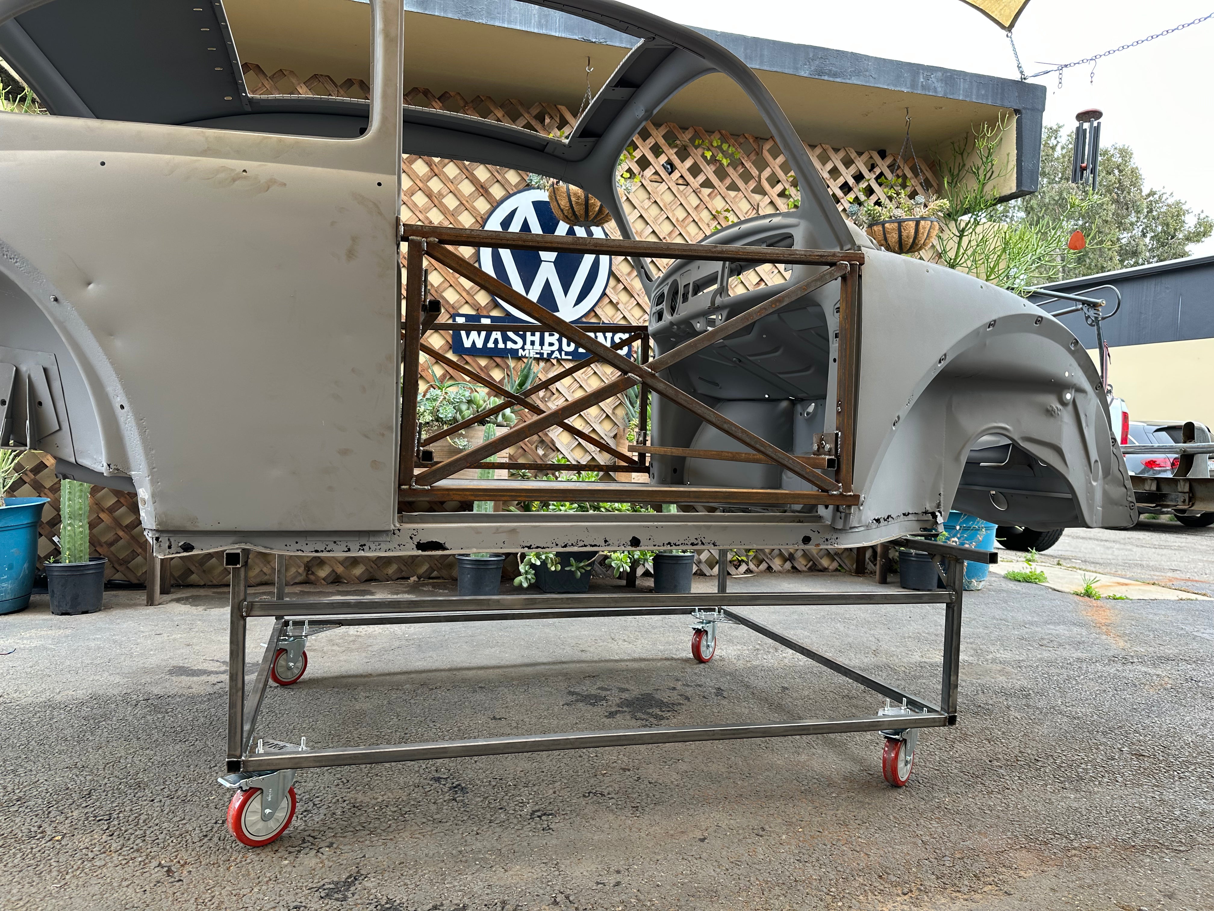 VW Beetle body cart frame detail — .090 wall steel tubing with CNC-cut gussets