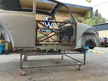 VW Beetle body cart frame detail — .090 wall steel tubing with CNC-cut gussets