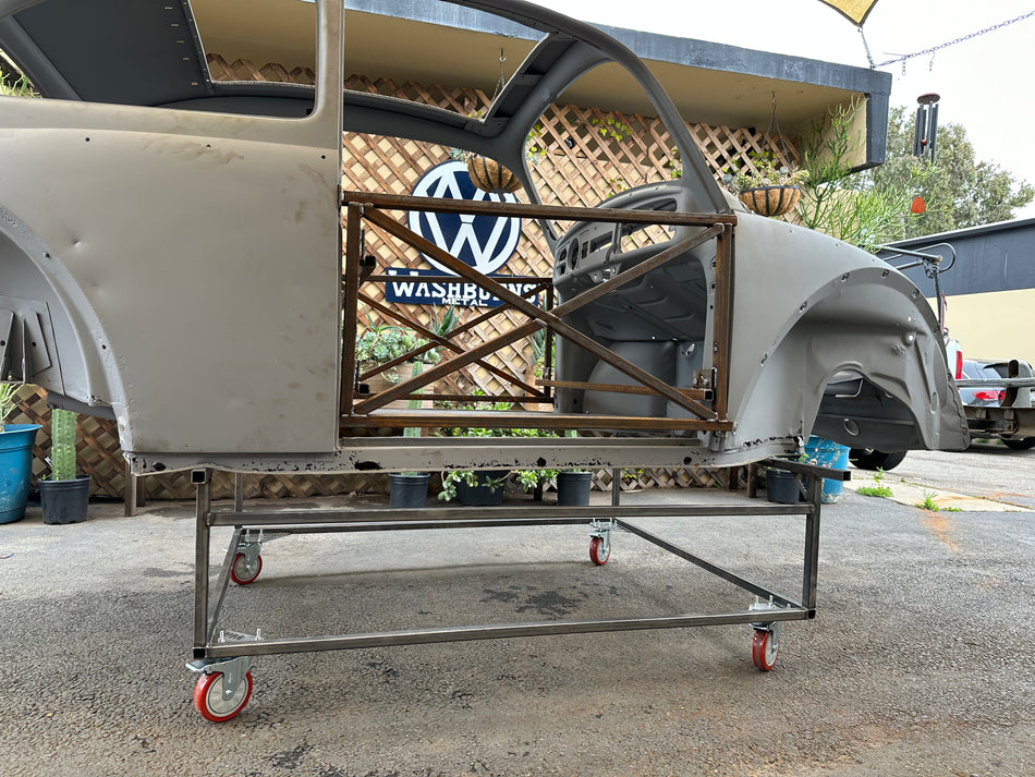 VW Beetle body cart frame detail — .090 wall steel tubing with CNC-cut gussets
