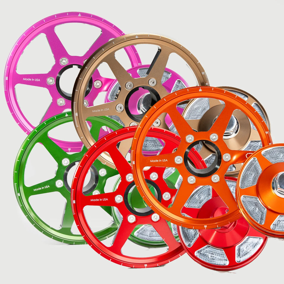 King Performance candy color 6.7 inch spoked billet crank and alternator pulley kits in assorted anodized colors for air-cooled VW Type 1
