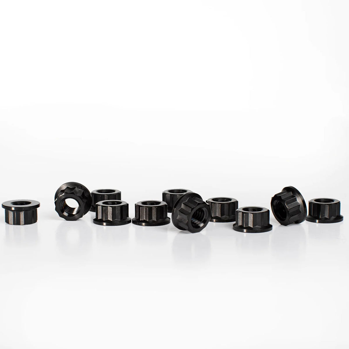 King Performance titanium engine case nuts, M8 x 1.25 with 12mm 12-point flanged head in black PVD, for air-cooled VW engine cases