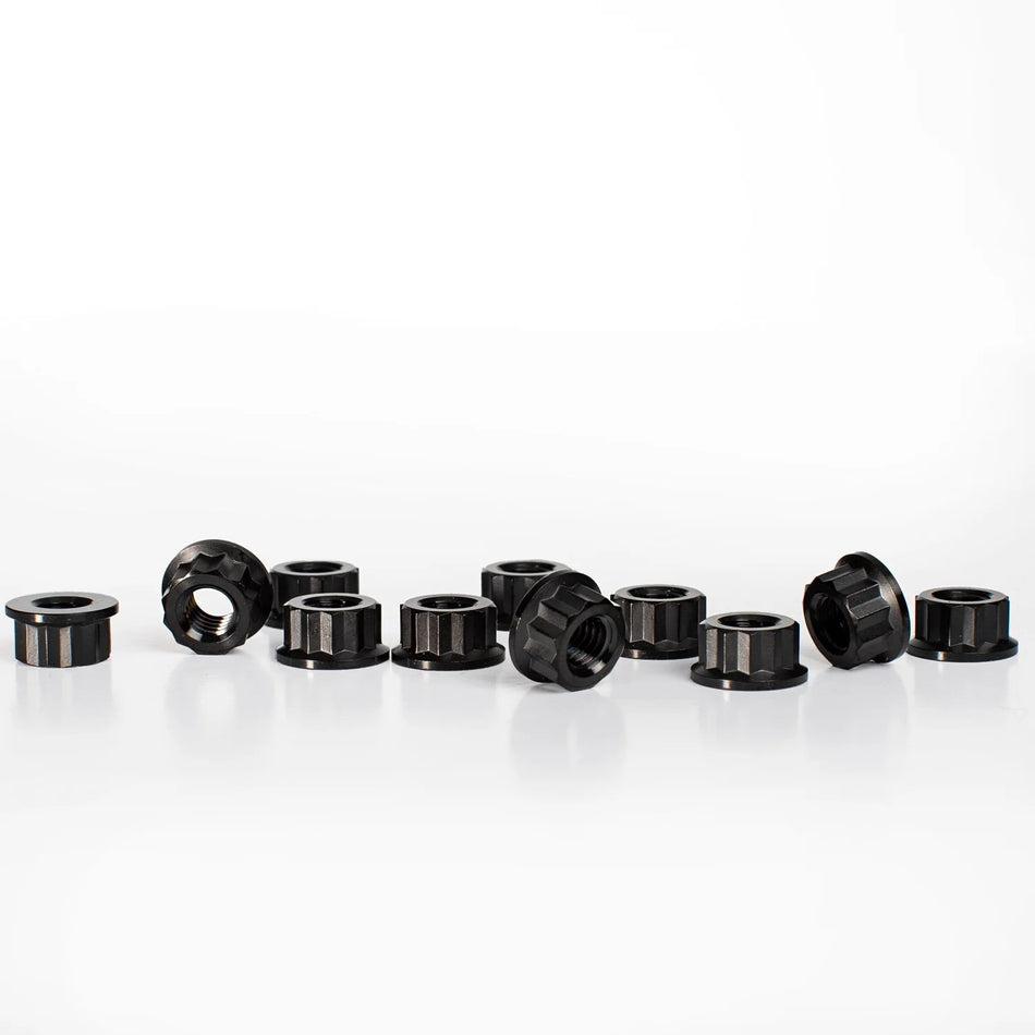 King Performance titanium engine case nuts, M8 x 1.25 with 12mm 12-point flanged head in black PVD, for air-cooled VW engine cases