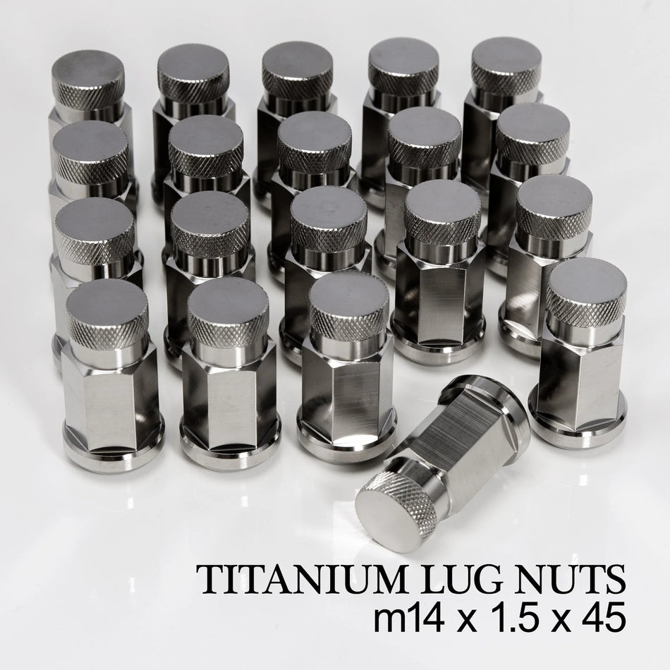King Performance forged titanium lug nut, M14 x 1.5 x 45mm closed-end, raw Ti6Al-4V finish, 19mm hex