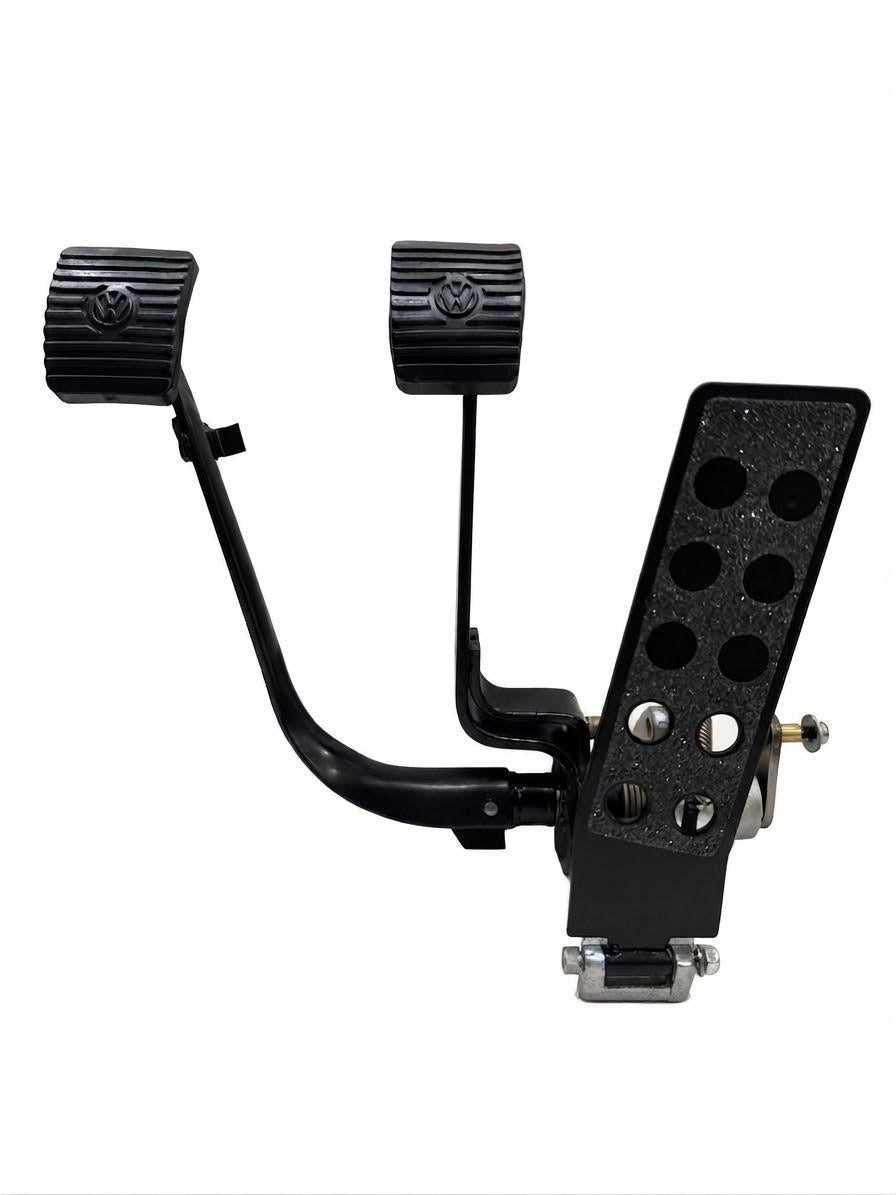 Refurbished German VW Type 1 pedal assembly with clutch, brake and accelerator pedals, Washburn's Metal Restoration Line