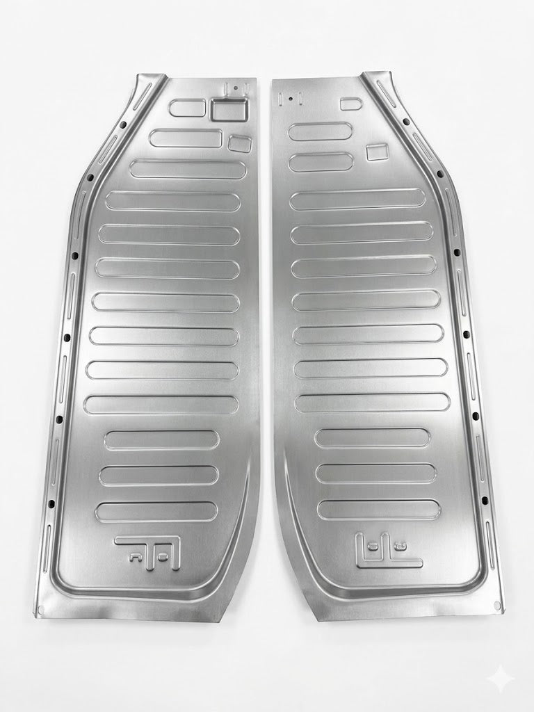 Shortened VW dune buggy and kit car floor pan halves, pair, hand-fabricated by Flat Out Custom