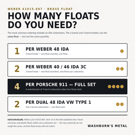 Genuine Weber brass float for 40/46 IDA 3C and 48 IDA carburetors, VW Type 1–4 and Porsche 911